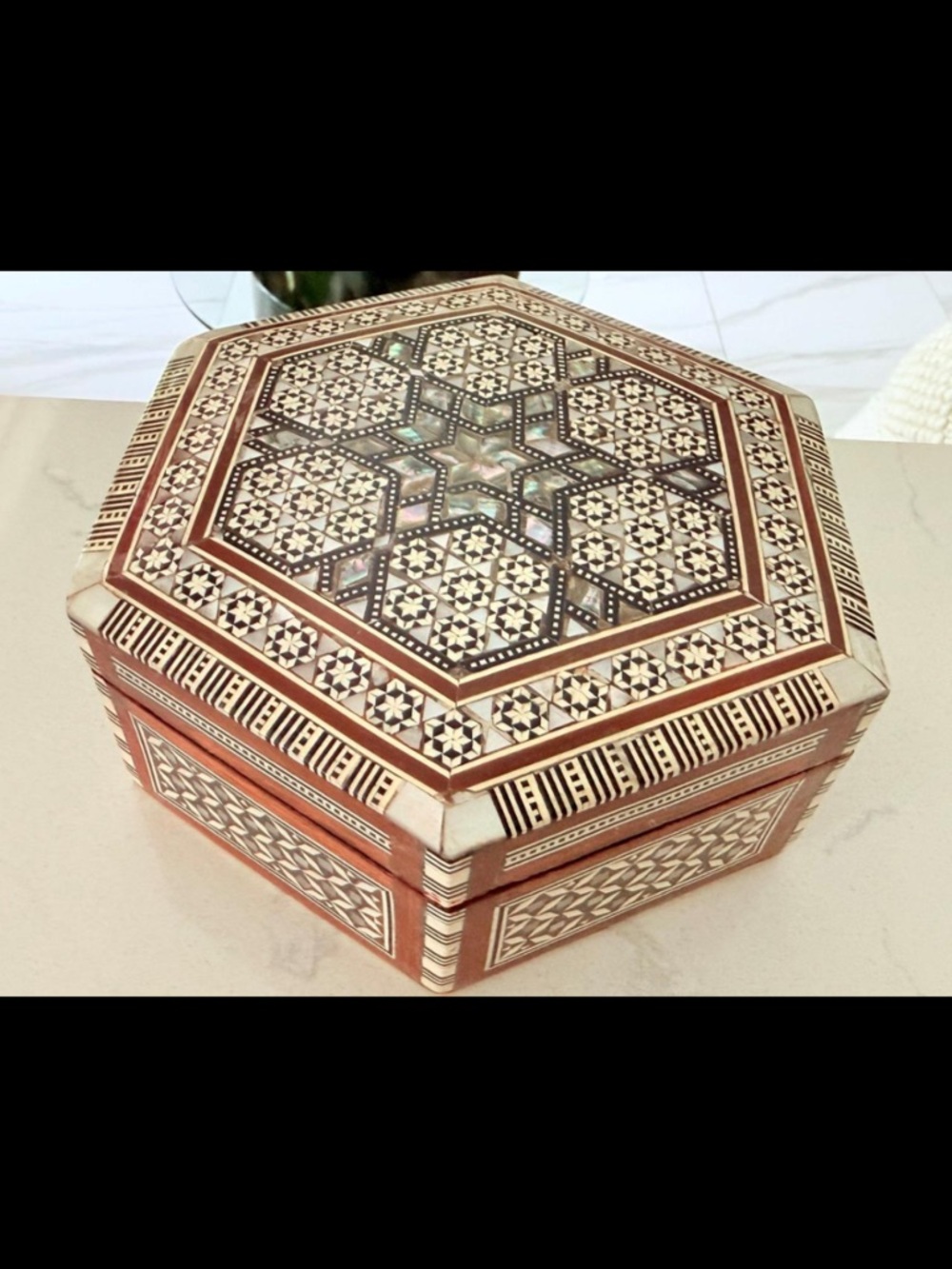 Vintage Judaica Hexagonal Mosaic Inlay Box Star of David Mother of Pearl Wood